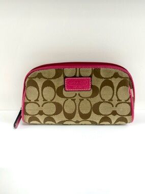 Coach Signature Cosmetic Bag Pink Trim | Brown Monogram Makeup Pouch Zip Case